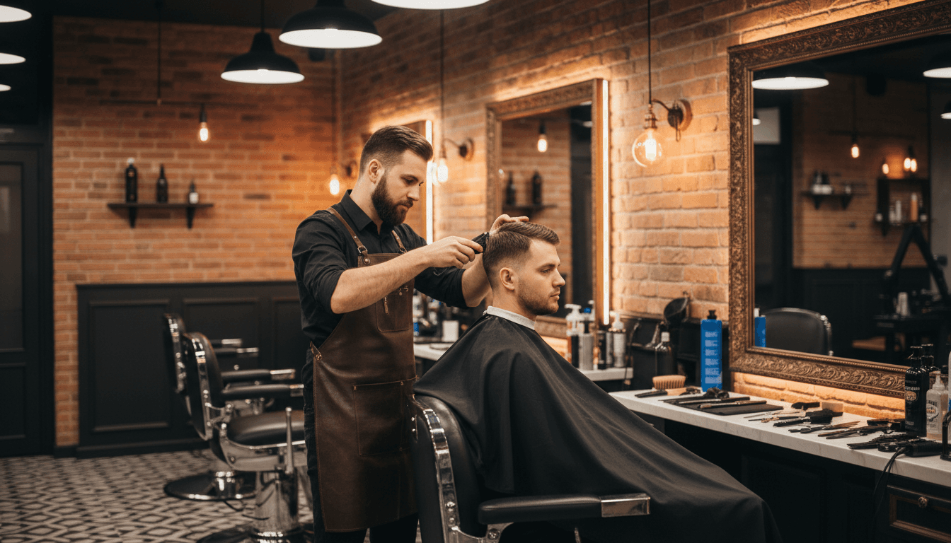 Barbeiro profissional realizando corte de cabelo em cliente satisfeito