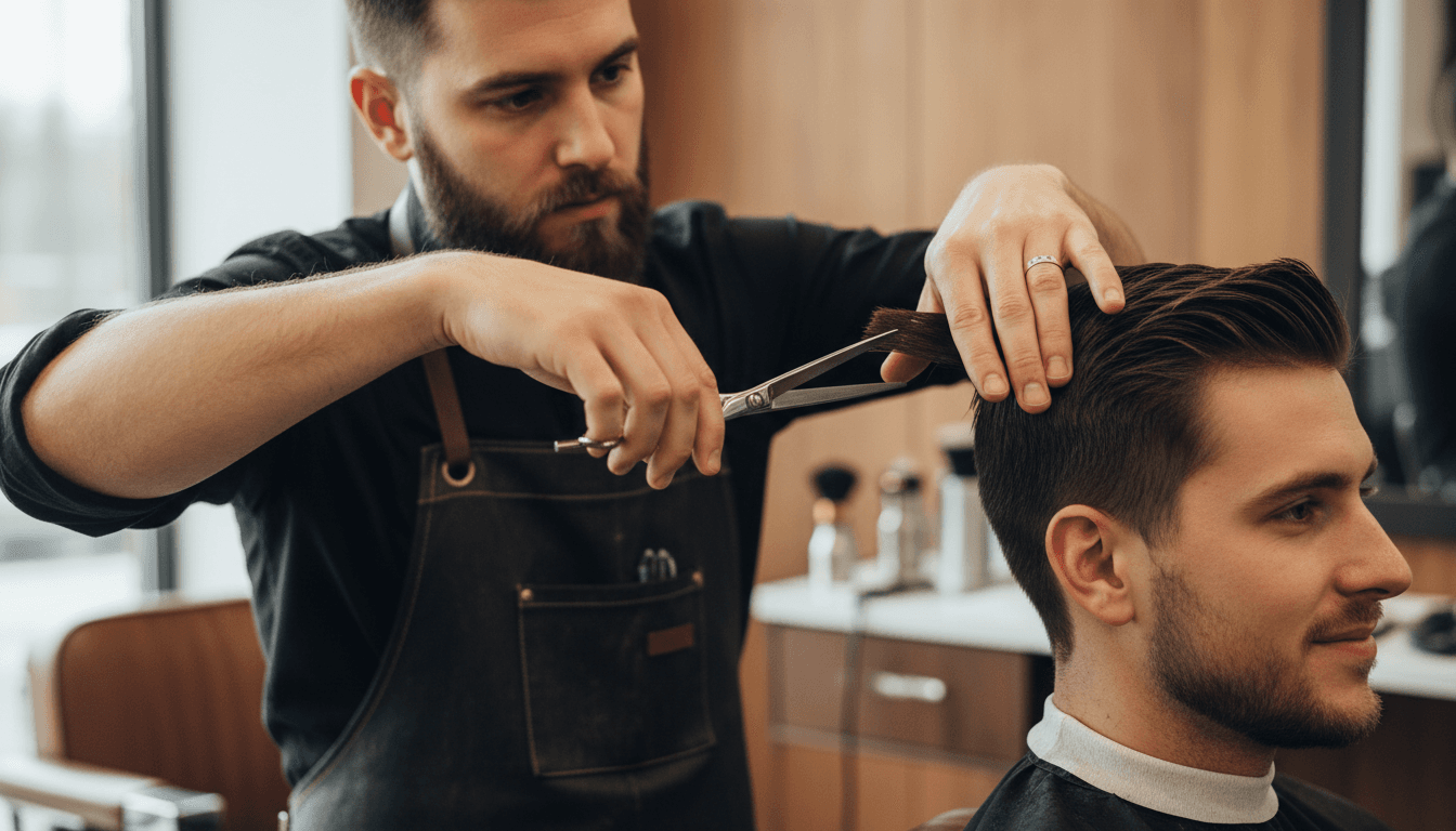 Barbeiro profissional atendendo cliente em barbearia moderna em Rio de Janeiro