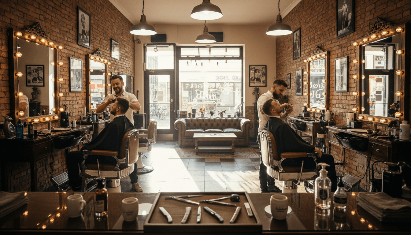 Barbeiro profissional realizando corte de cabelo em cliente na BarbeariaJF