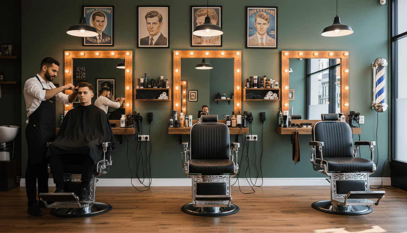 Interior aconchegante de barbearia com cadeira de barbeiro profissional